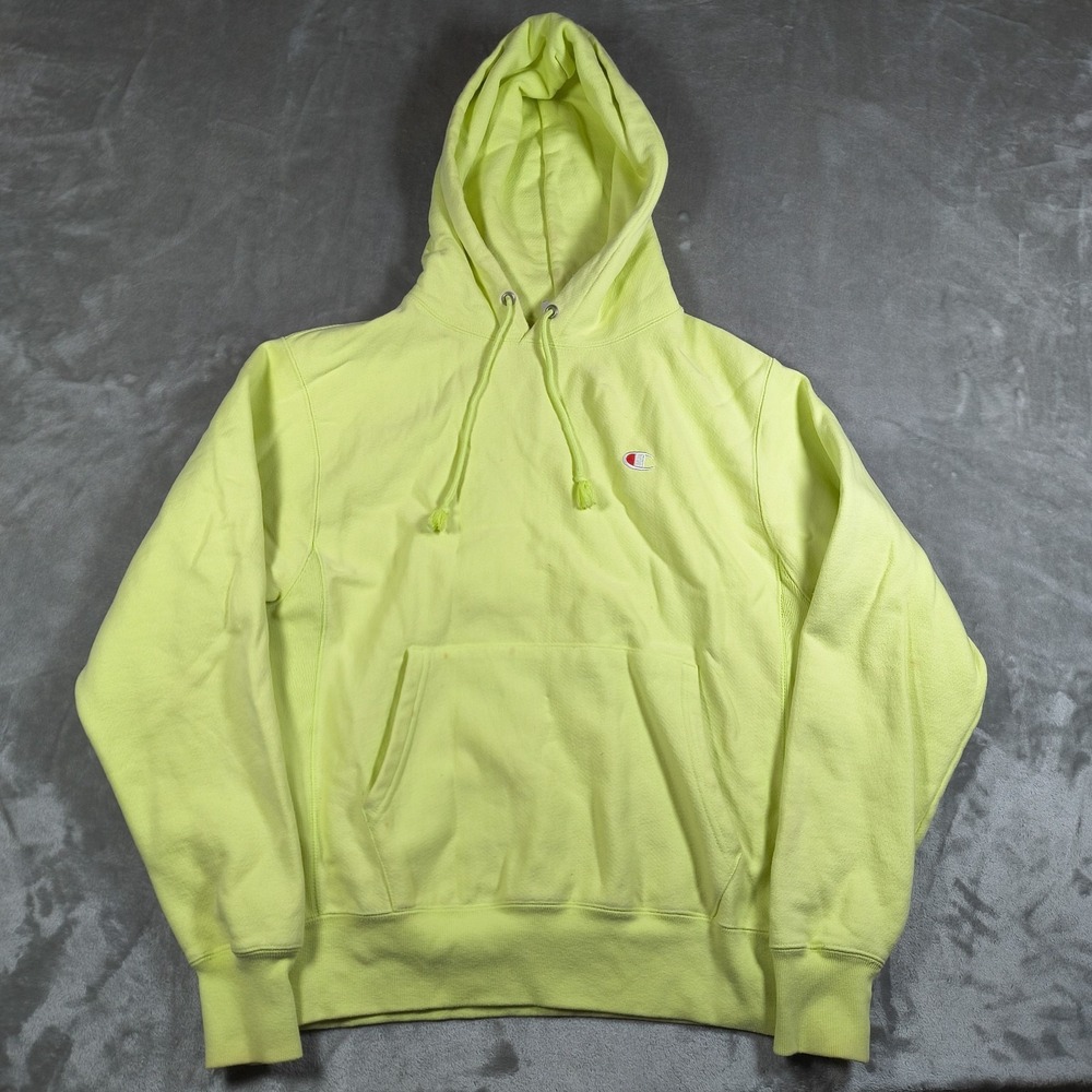 Champion Reverse Weave Hoodie Mens Medium Neon Yellow Pullover Sweatshirt